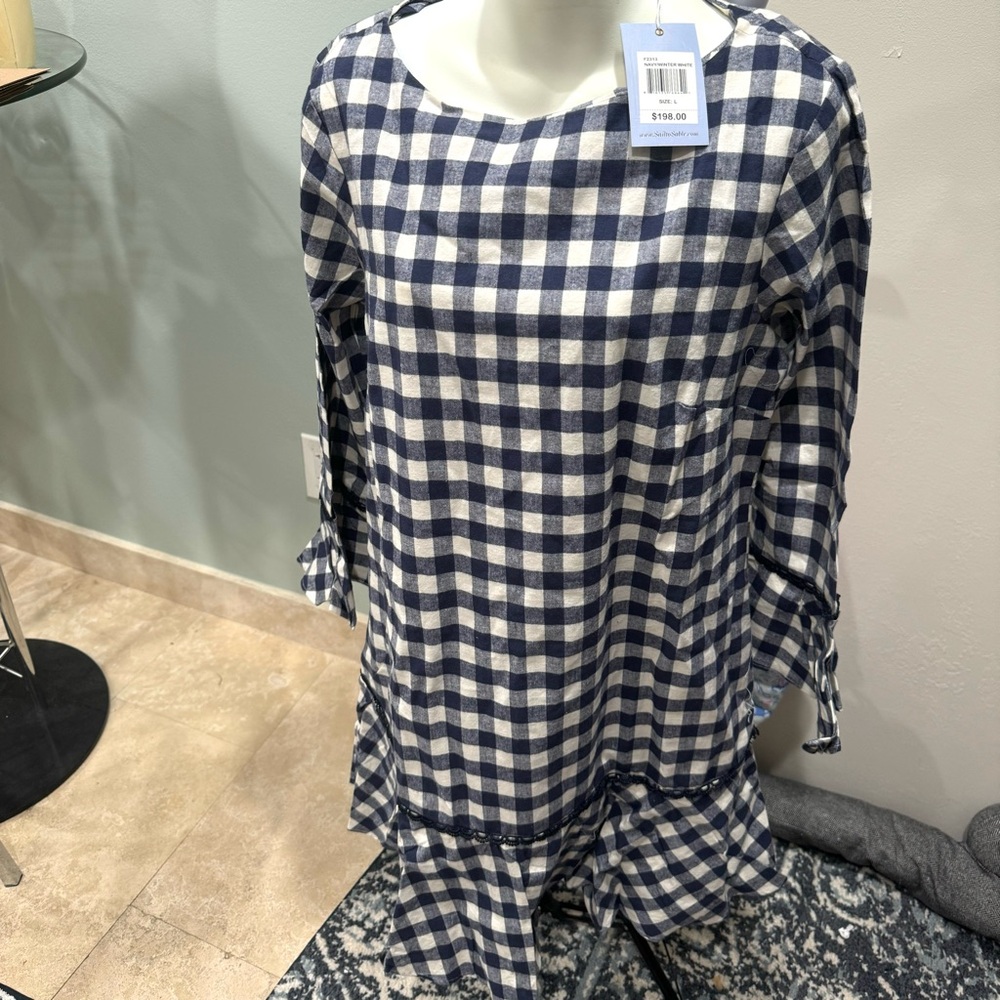 NWT Size L Sail to Sable long sleeve Navy Blue & White Gingham Dress 100… - Picture 2 of 9